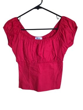 Retro Sara Cherry-Red Puff Sleeve Peasant Top Rockabilly